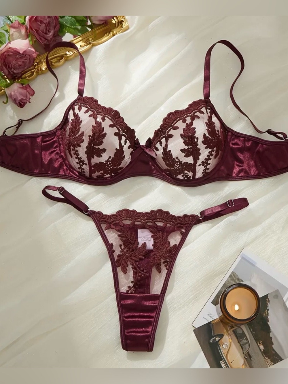 Women's Burgundy Lace Embroidered Underwire Bra & Thong Set